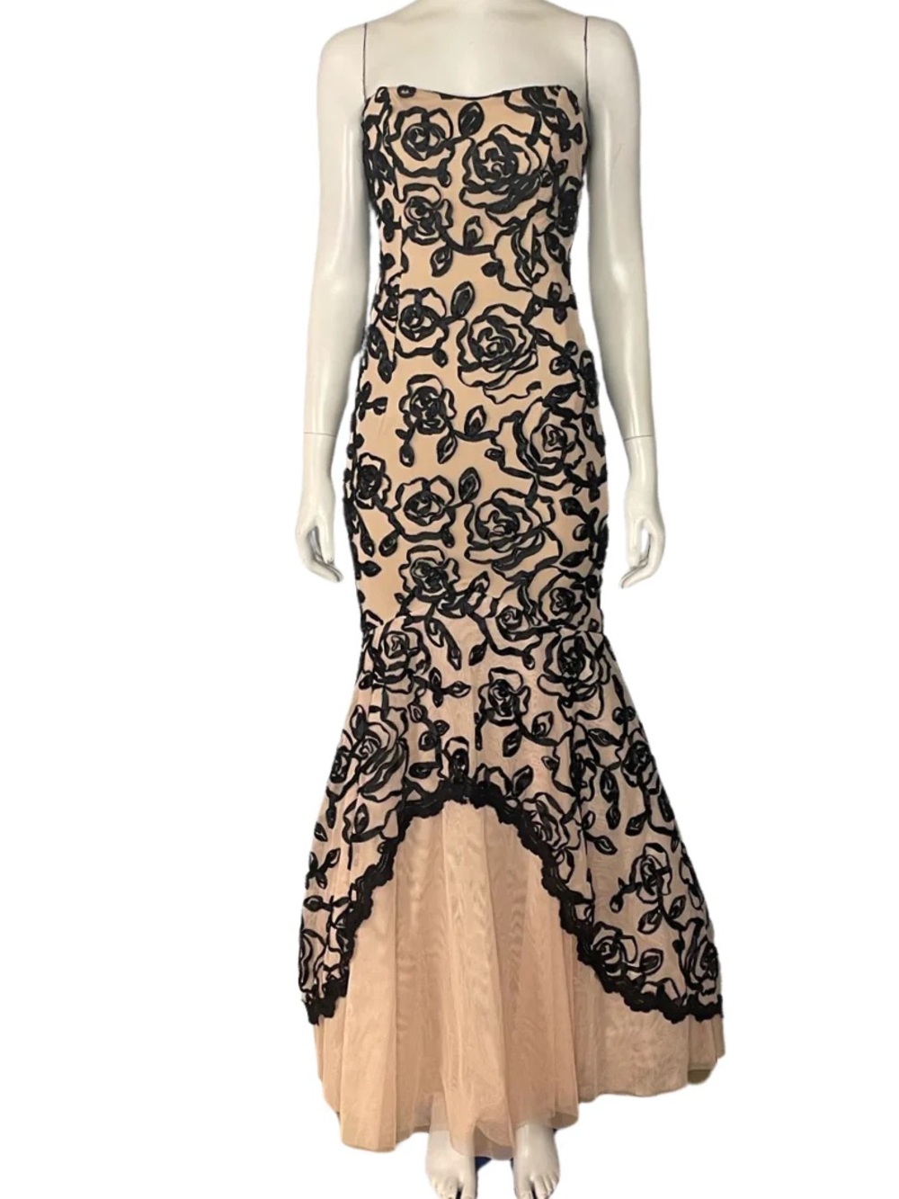 Strapless Nude and Black Floral Mermaid Gown